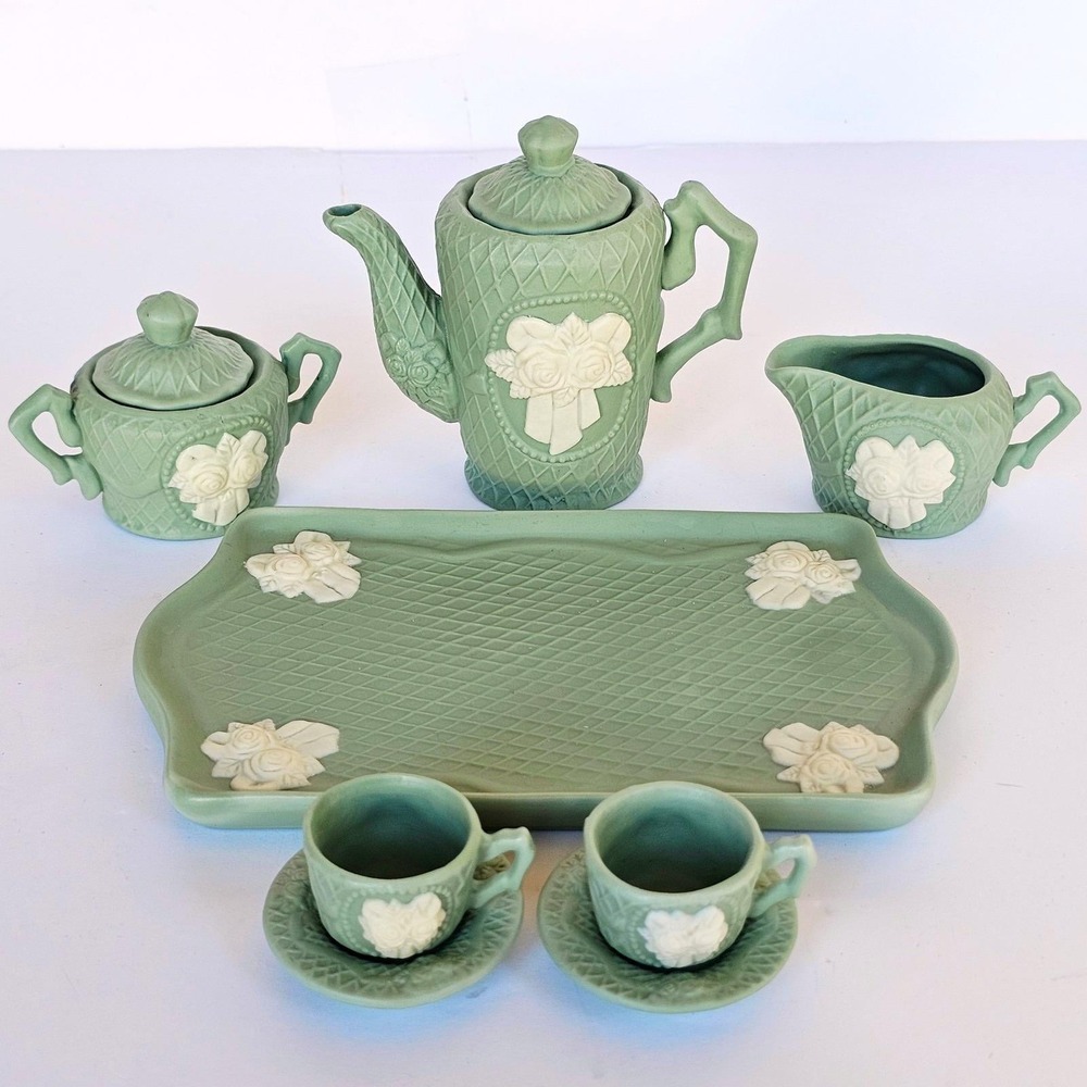Vintage Sage Green Miniature Tea Set Floral Relief Lattice Pattern Cottagecore